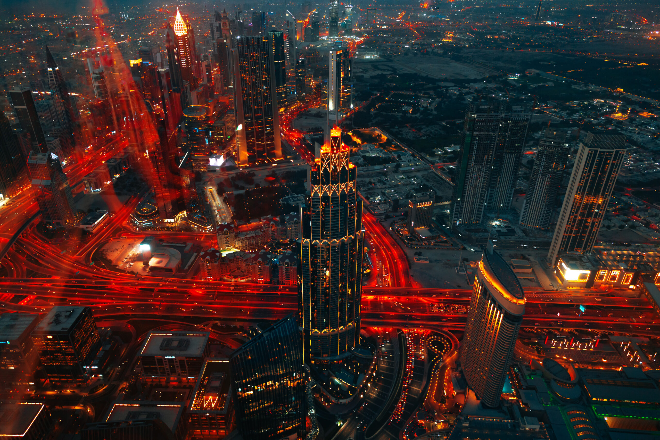 Cityscape of Dubai at dusk, view from the top of Burj Khalifa