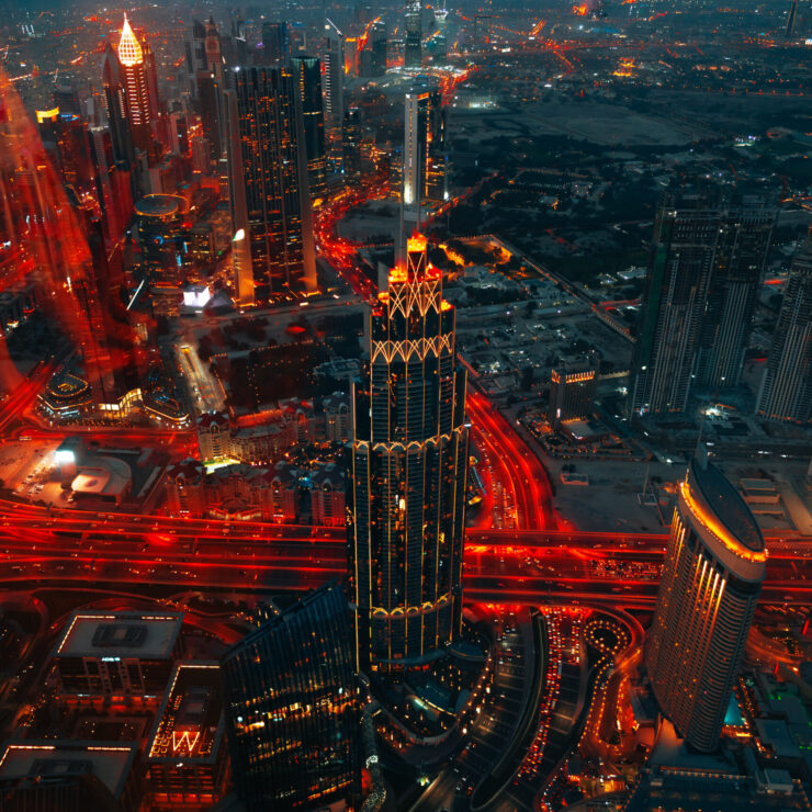 Cityscape of Dubai at dusk, view from the top of Burj Khalifa