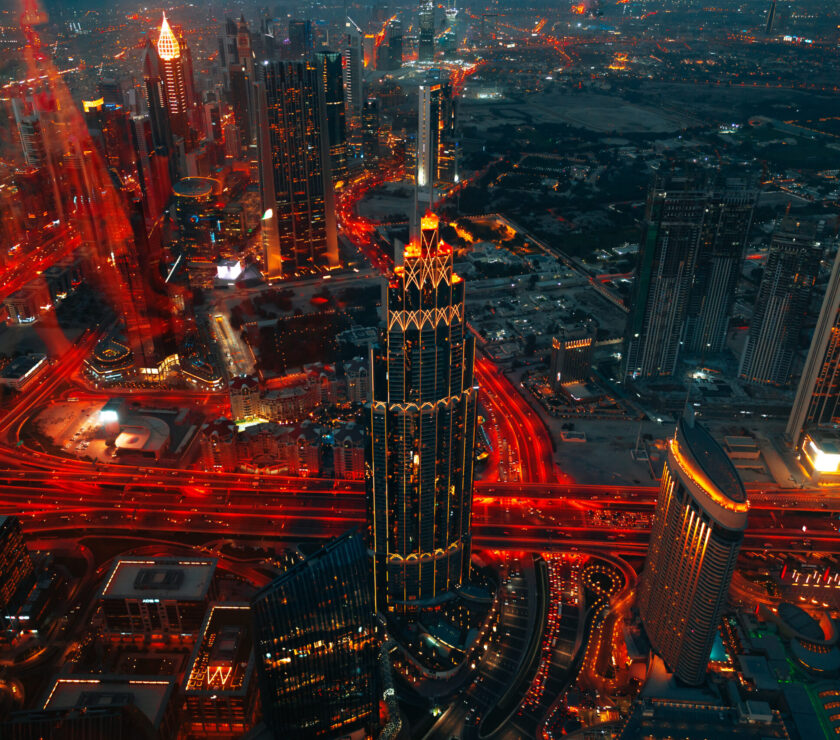 Cityscape of Dubai at dusk, view from the top of Burj Khalifa